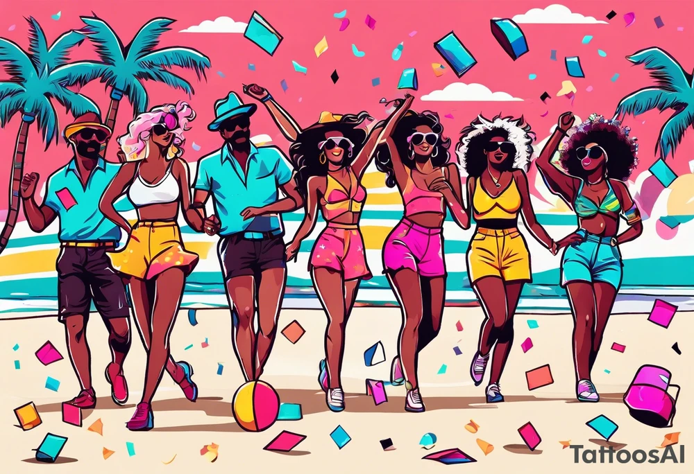 1980's style dance party with boom box and confetti in a beach theme. include people in 80's miami beach clothes, music note. tattoo idea