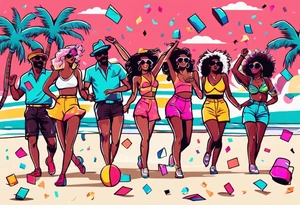 1980's style dance party with boom box and confetti in a beach theme. include people in 80's miami beach clothes, music note. tattoo idea