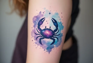 A watercolor nebula in shades of purple and blue cradles the Cancer star constellation and crab silhouette. tattoo idea