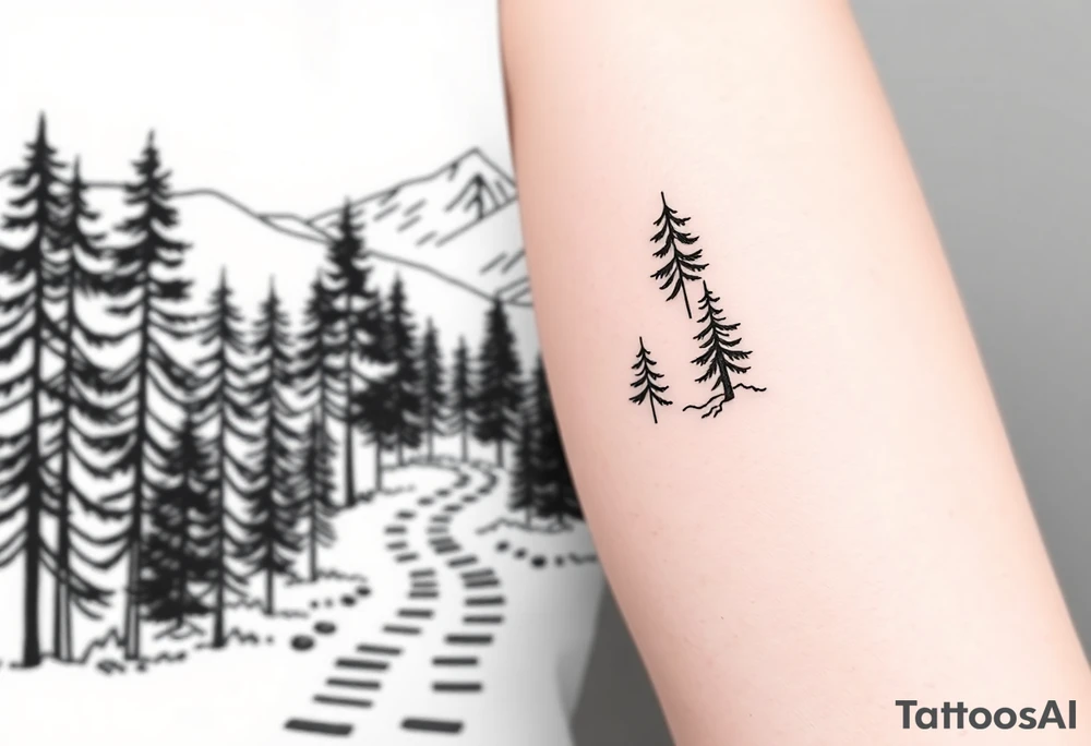 A path in the woods with mountains in the background. The path should be subtle and the tattoo should be fine line tattoo idea