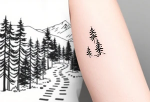 A path in the woods with mountains in the background. The path should be subtle and the tattoo should be fine line tattoo idea