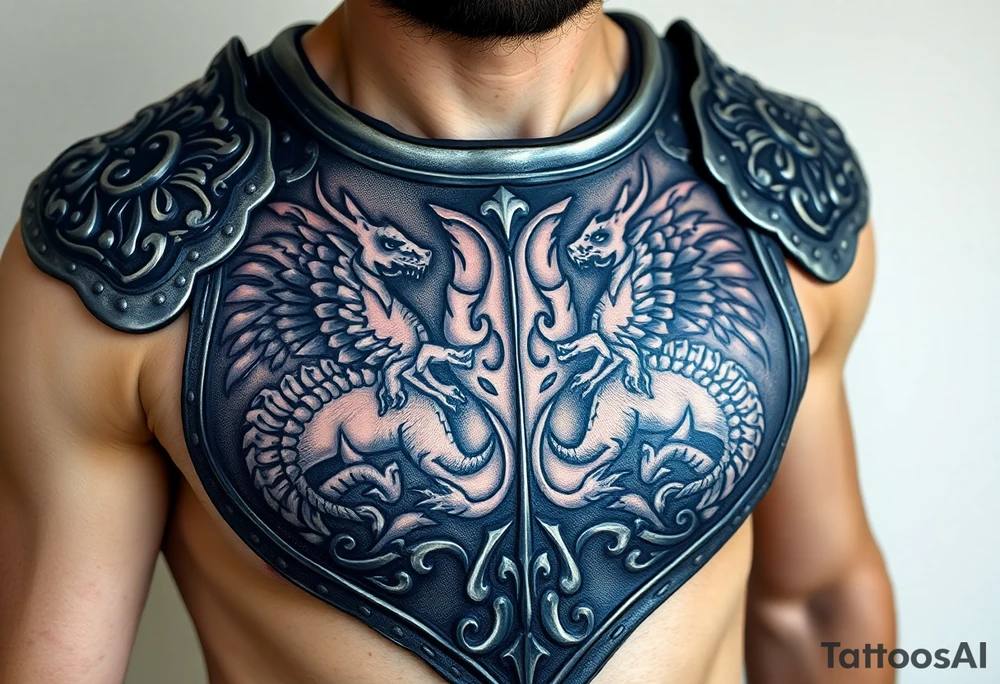 A close-up of an ornate knight’s breastplate, with detailed engravings of dragons tattoo idea