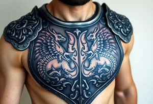 A close-up of an ornate knight’s breastplate, with detailed engravings of dragons tattoo idea