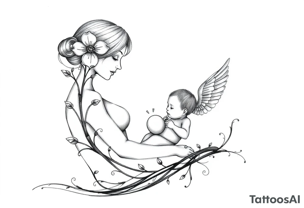 Mère assise  qui allaite son bébé, la mère à une fleur de lys sur la tête et des racines d’arbre de vie. Le bébé est entourée d’un œuf, présence d’ange tattoo idea