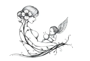 Mère assise  qui allaite son bébé, la mère à une fleur de lys sur la tête et des racines d’arbre de vie. Le bébé est entourée d’un œuf, présence d’ange tattoo idea