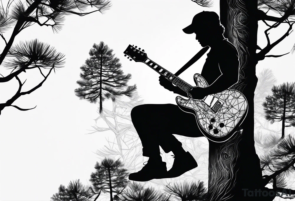 silhouette of a man playing electric guitar while sitting in a pine tree. tattoo idea