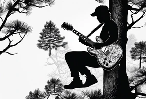 silhouette of a man playing electric guitar while sitting in a pine tree. tattoo idea