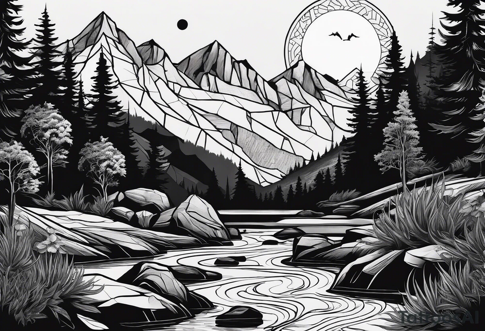nature with mountains, waterfall, water, and a family of three in the background and and moon/sun in the sky with stars tattoo idea