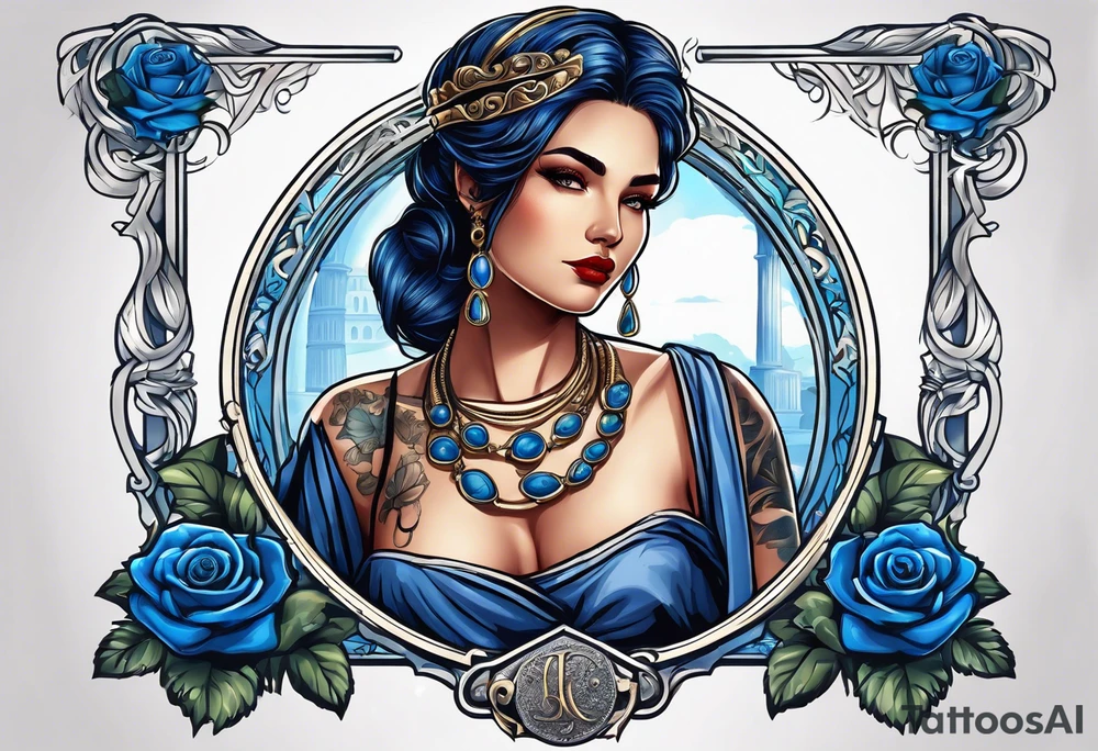 ancient rome clothes women, with ancient scale in one hand, blue rose frames, justicia tattoo idea