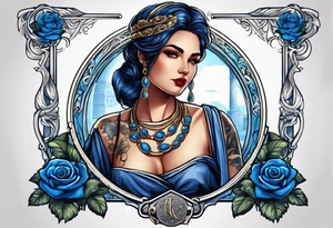 ancient rome clothes women, with ancient scale in one hand, blue rose frames, justicia tattoo idea