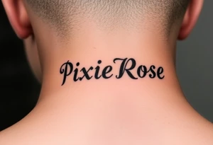 "PixieRose" in a gangsters Chicano calligraphy style font 
Tattoo idea above a man's eyebrow tattoo idea