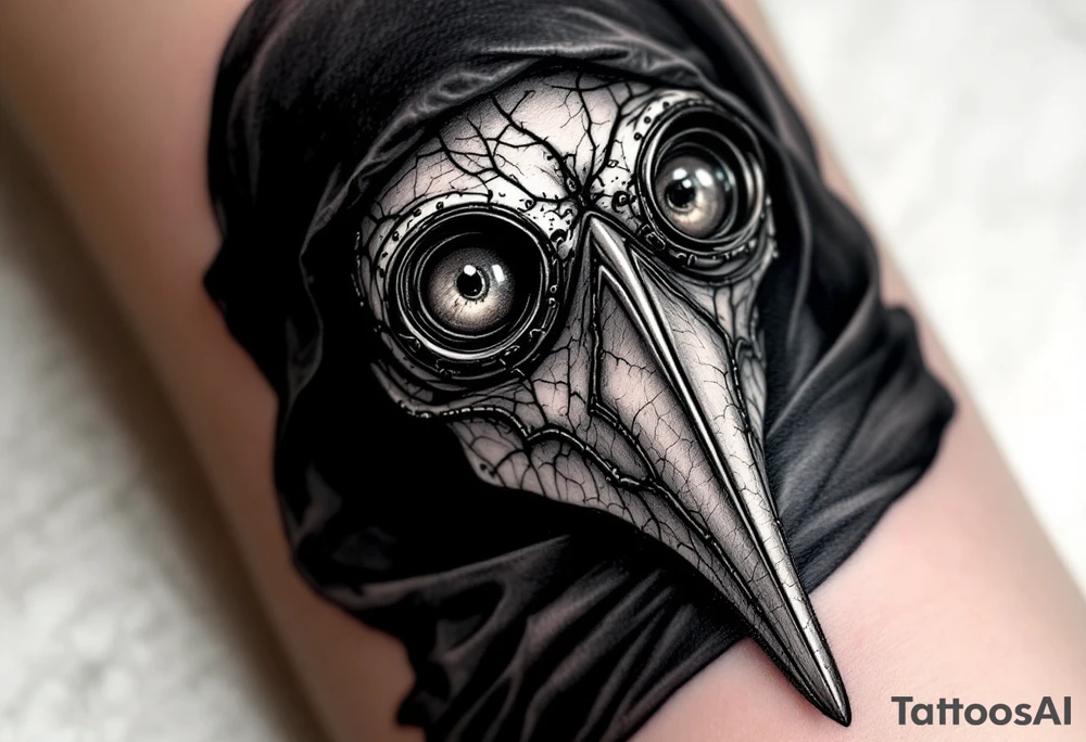 Dark Victorian Plague Doctor – A black-robed figure with a leather beaked mask and round glass eye lenses. The mask appears aged with cracks and faded brown leather tones, and the robe has intricate gothic stitching. tattoo idea