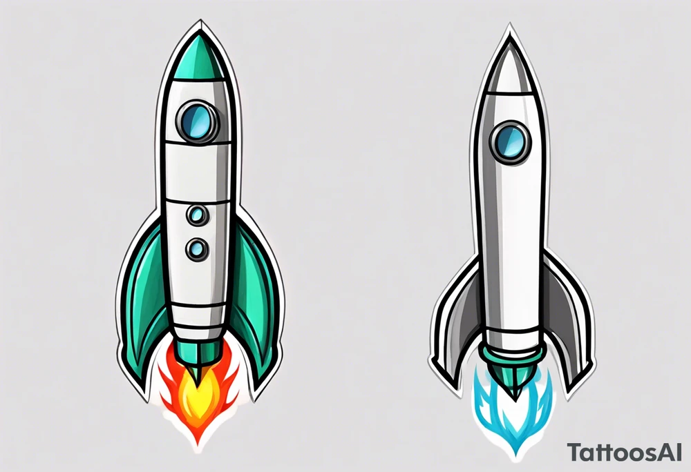 Super simple cartoon rocket ship with a round window, 3 fins, and fire coming out the bottom

Add some shading and detail to make less basic

Rocket should be green with gray accents tattoo idea