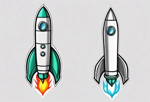 Super simple cartoon rocket ship with a round window, 3 fins, and fire coming out the bottom

Add some shading and detail to make less basic

Rocket should be green with gray accents tattoo idea