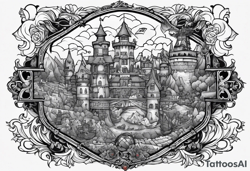 the phrase "why not now?" encased in the flag of Germany and north Carolina surrounded by characters from Howel's moving castle, Zelda, Final Fantasy 8 tattoo idea