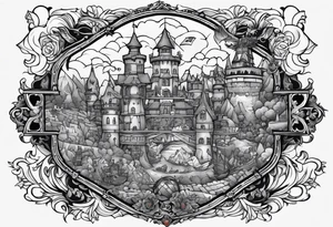 the phrase "why not now?" encased in the flag of Germany and north Carolina surrounded by characters from Howel's moving castle, Zelda, Final Fantasy 8 tattoo idea