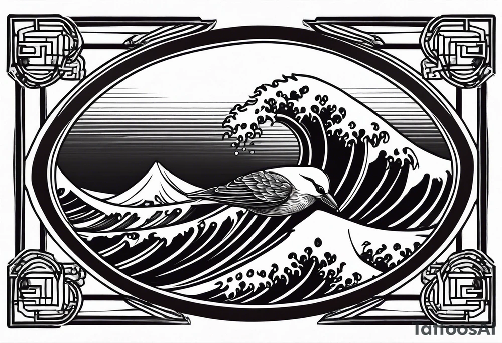 a bird surfing a japanese style wave inside an antique frame tattoo idea