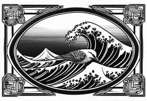 a bird surfing a japanese style wave inside an antique frame tattoo idea
