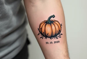 Viktor 30. 10. 2020 – A dark forest green and burnt orange pumpkin design, surrounding Viktor's birthdate, with black vine details for a spooky touch. tattoo idea