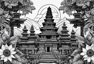 Bali temples black and grey with sunflower tattoo idea