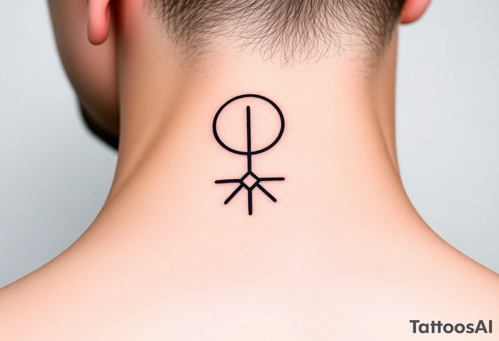 A minimalist crescent moon neck tattoo positioned just behind the ear. The crescent moon is thin and curves to the left. A sharp vertical line extends downward from the inner curve of the moon, intersecting with a symmetrical starburst shape at the center of the line. The starburst has four points — the top and bottom points are elongated, while the horizontal points are shorter, giving it a sleek and modern look. The design features clean, thin lines with a slightly hand-drawn feel, combining celestial and geometric elements. The tattoo follows the natural curve of the neck, giving it an elegant and balanced appearance. tattoo idea
