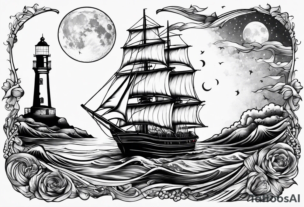 bateau, phare maritime et lune bleu tattoo idea