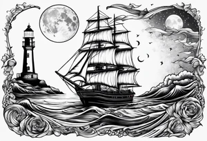 bateau, phare maritime et lune bleu tattoo idea