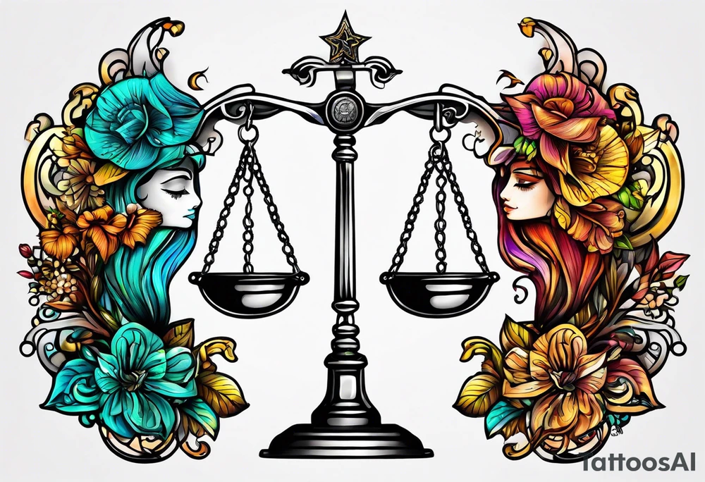 Libra scale with Gemini symbol in one scale and Taurus symbol in the other scale tattoo idea