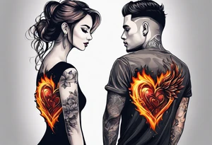 A girl with an empty heart and a guy with a burning heart. They stand back to back tattoo idea