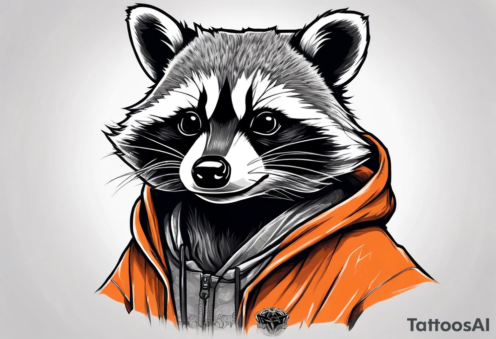 Raccoon wearing an orange Superman hoodie tattoo idea