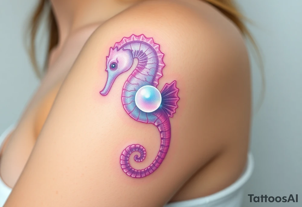 A translucent glass-like seahorse in soft pastel hues of lavender and pink, with a glowing pearl at its center. tattoo idea