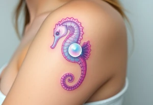 A translucent glass-like seahorse in soft pastel hues of lavender and pink, with a glowing pearl at its center. tattoo idea