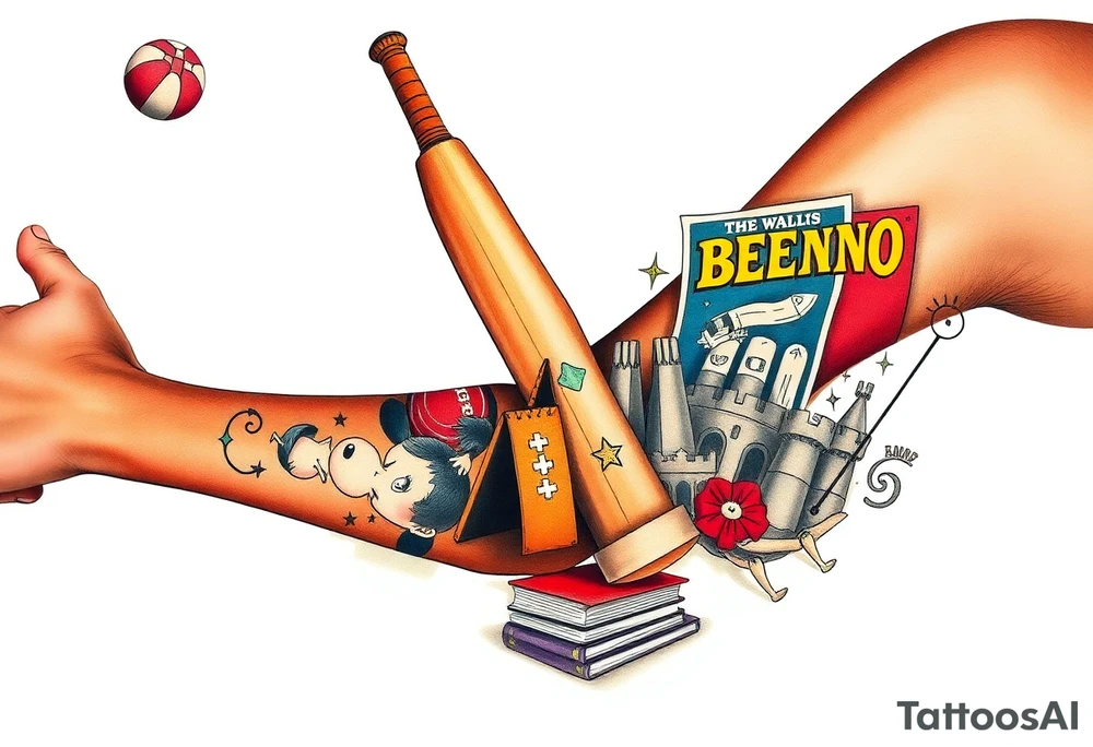 Collage of childhood memories including a football, a cricket bat, the Beano comic, a sandcastle and a small pile of books. tattoo idea