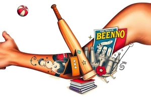 Collage of childhood memories including a football, a cricket bat, the Beano comic, a sandcastle and a small pile of books. tattoo idea