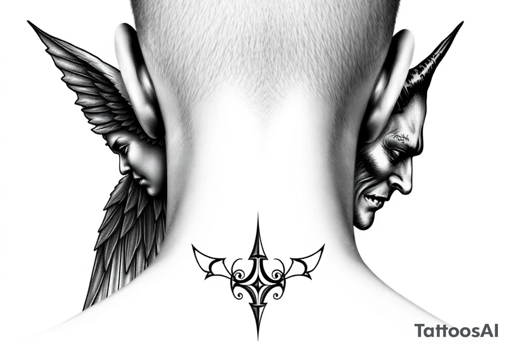position behind the neck Angel (on the right) whispering in the right ear, demon (on the left) whispering in the left ear. It must be as realistic as possible. tattoo idea