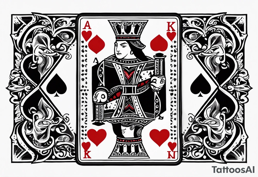 Show Two cards, king of hearts with the K in the middle of the card and hearts in the corners and the Ace of spades behind it with the A in the corner peeking from behind the king of hearts card tattoo idea