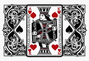 Show Two cards, king of hearts with the K in the middle of the card and hearts in the corners and the Ace of spades behind it with the A in the corner peeking from behind the king of hearts card tattoo idea