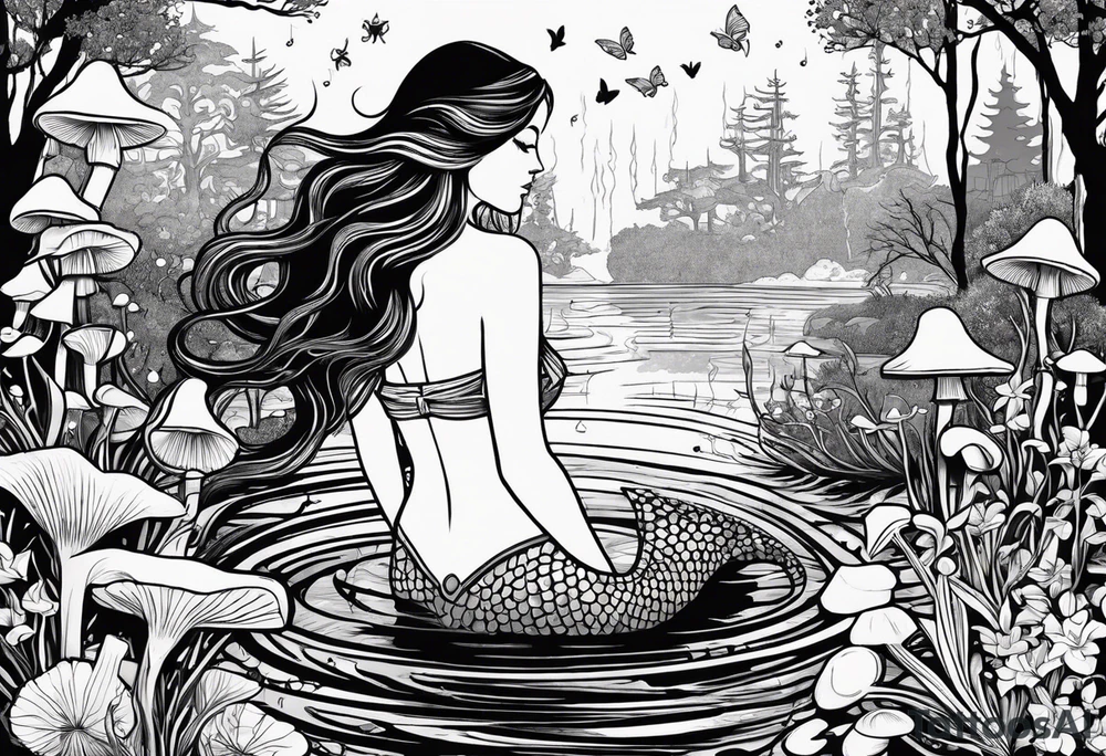 Mermaid silhouette surrounded by musical notes in a bayou that has cypress trees, mushrooms, lily pads, frogs, and bugs tattoo idea