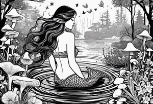 Mermaid silhouette surrounded by musical notes in a bayou that has cypress trees, mushrooms, lily pads, frogs, and bugs tattoo idea