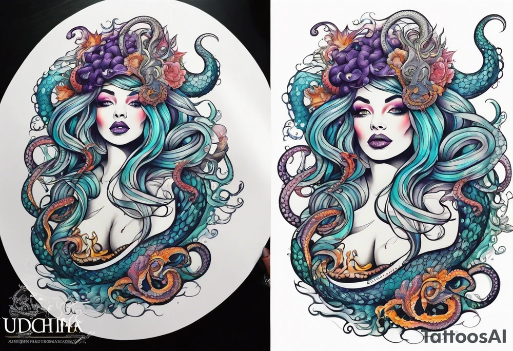 Sea witch with octopus tentacles for legs pinup style tattoo idea