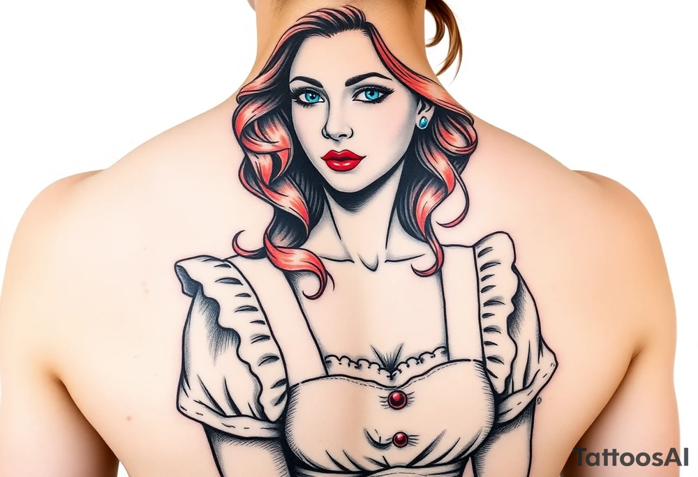 Traditional pin up girl with red hair and blue eyes and wearing a milkmaid maid style dress tattoo idea