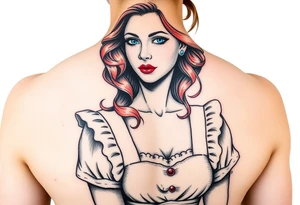 Traditional pin up girl with red hair and blue eyes and wearing a milkmaid maid style dress tattoo idea