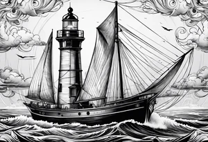 voilier vue de face. phare maritime dans le voilier servant de mat pour les voiles. tattoo idea
