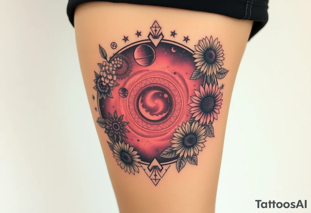 Milky way galaxy with planets with zodiac symbols and protection runes in it with tigerlillies roses and sunflowers tattoo idea