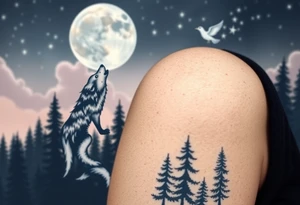 Lone wolf howling at the moon stars in the night sky in a forest with a little dove in the sky tattoo idea