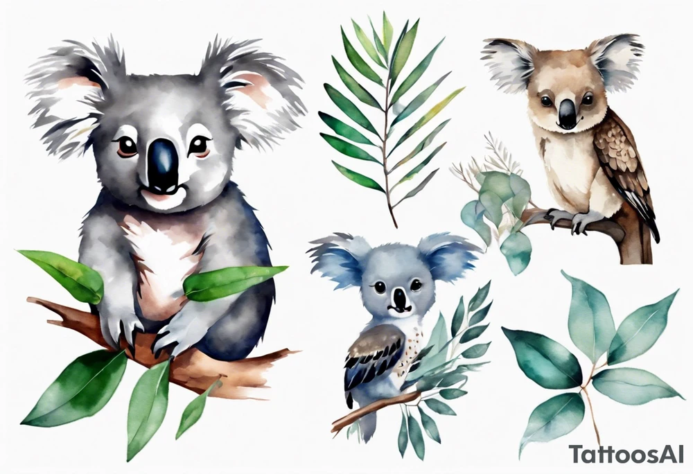 A koala with a kookaburra with eucalyptus leaves and wattle leaves tattoo idea