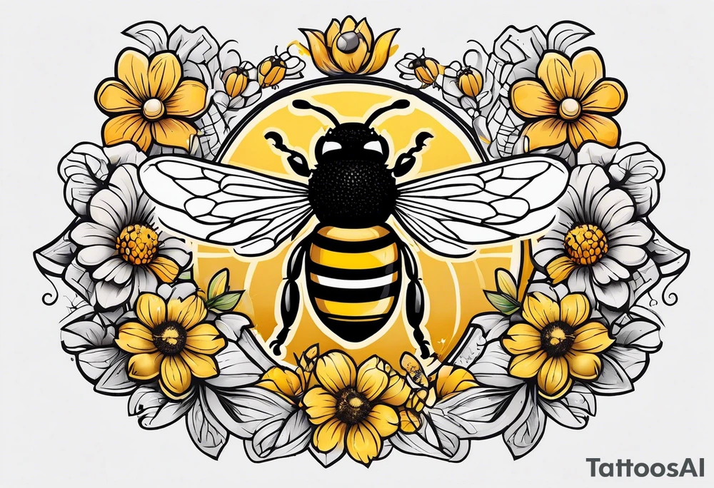 a tattoo with beehive flowers bees and queen bee signifying a mothers love guidance and bond with her daughters and granddaughter tattoo idea