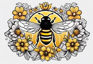 a tattoo with beehive flowers bees and queen bee signifying a mothers love guidance and bond with her daughters and granddaughter tattoo idea