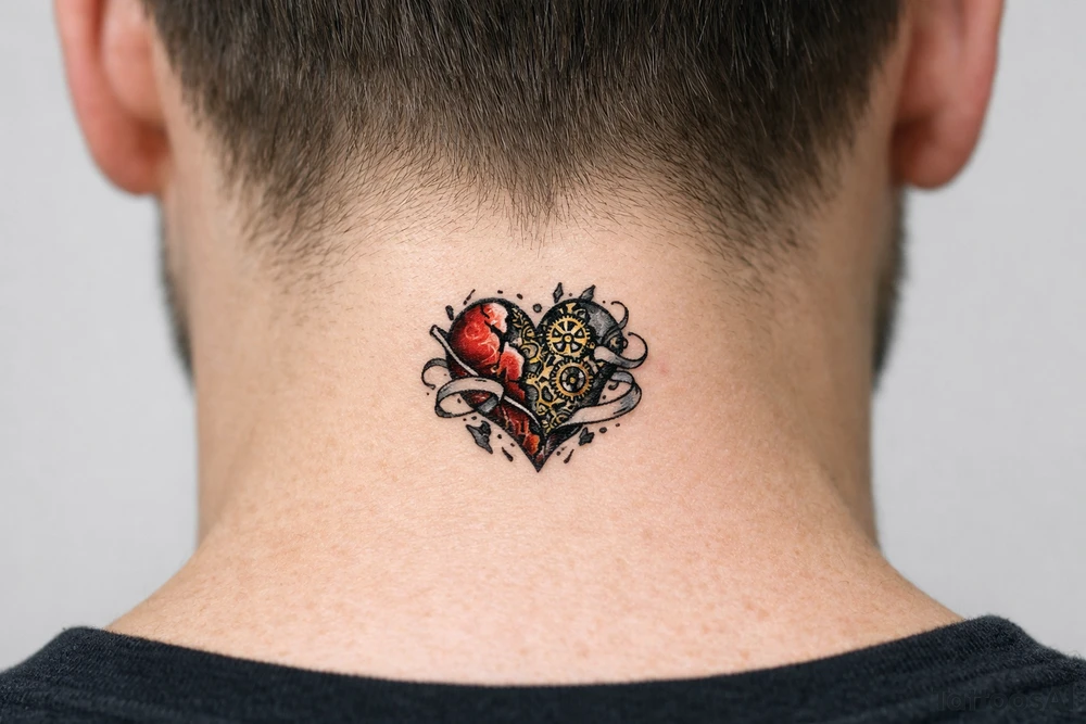 Surreal heart with clockwork gears breaking apart, script entwined. tattoo idea