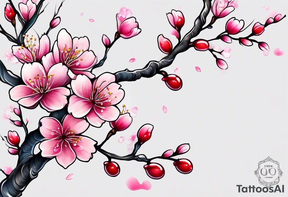 A foot tattoo of colorful cherry blossoms on a pink branch tattoo idea